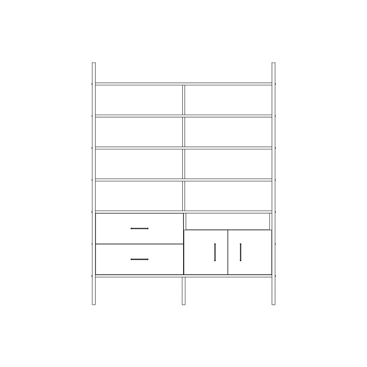 Modular wall unit in birch plywood, 190 x 143 cm, with open shelves and storage modules