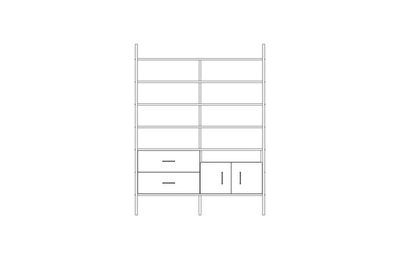 Modular wall unit in birch plywood, 190 x 143 cm, with open shelves and storage modules