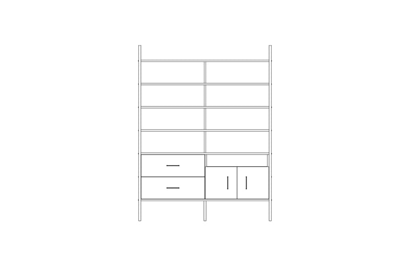 Modular wall unit in birch plywood, 190 x 143 cm, with open shelves and storage modules