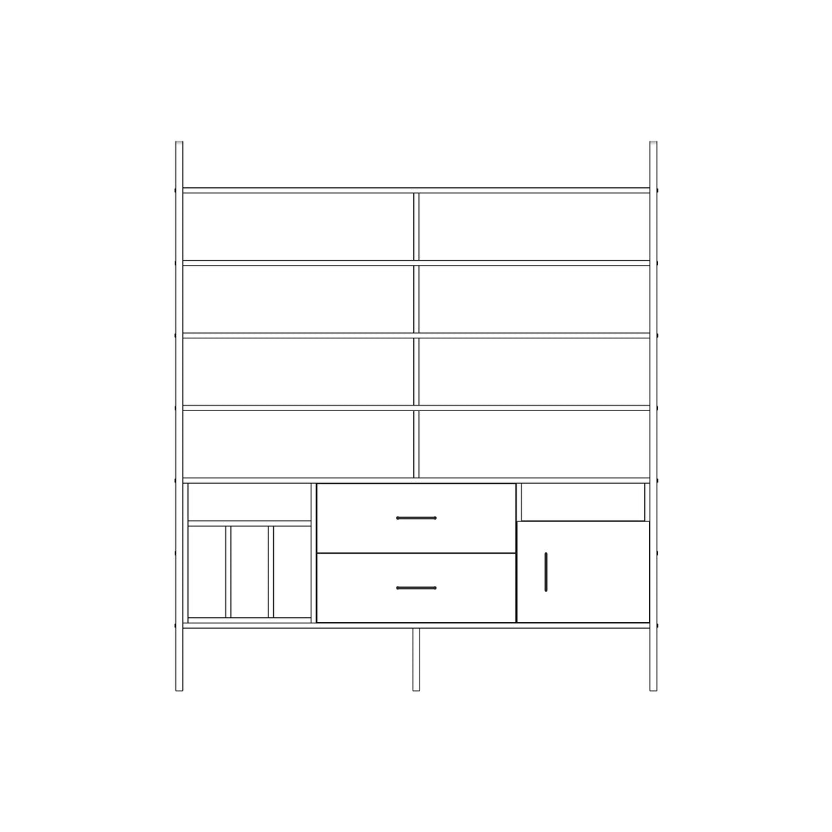 Modular wall unit in birch plywood, 190 x 166 cm, with open shelves and storage modules