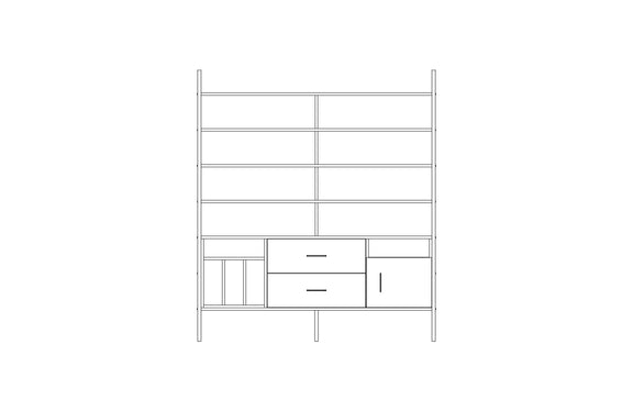 Modular wall unit in birch plywood, 190 x 166 cm, with open shelves and storage modules