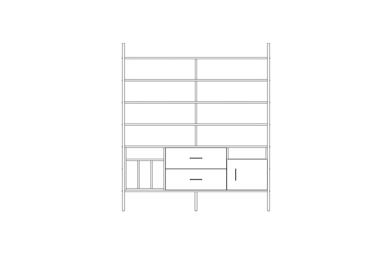 Modular wall unit in birch plywood, 190 x 166 cm, with open shelves and storage modules