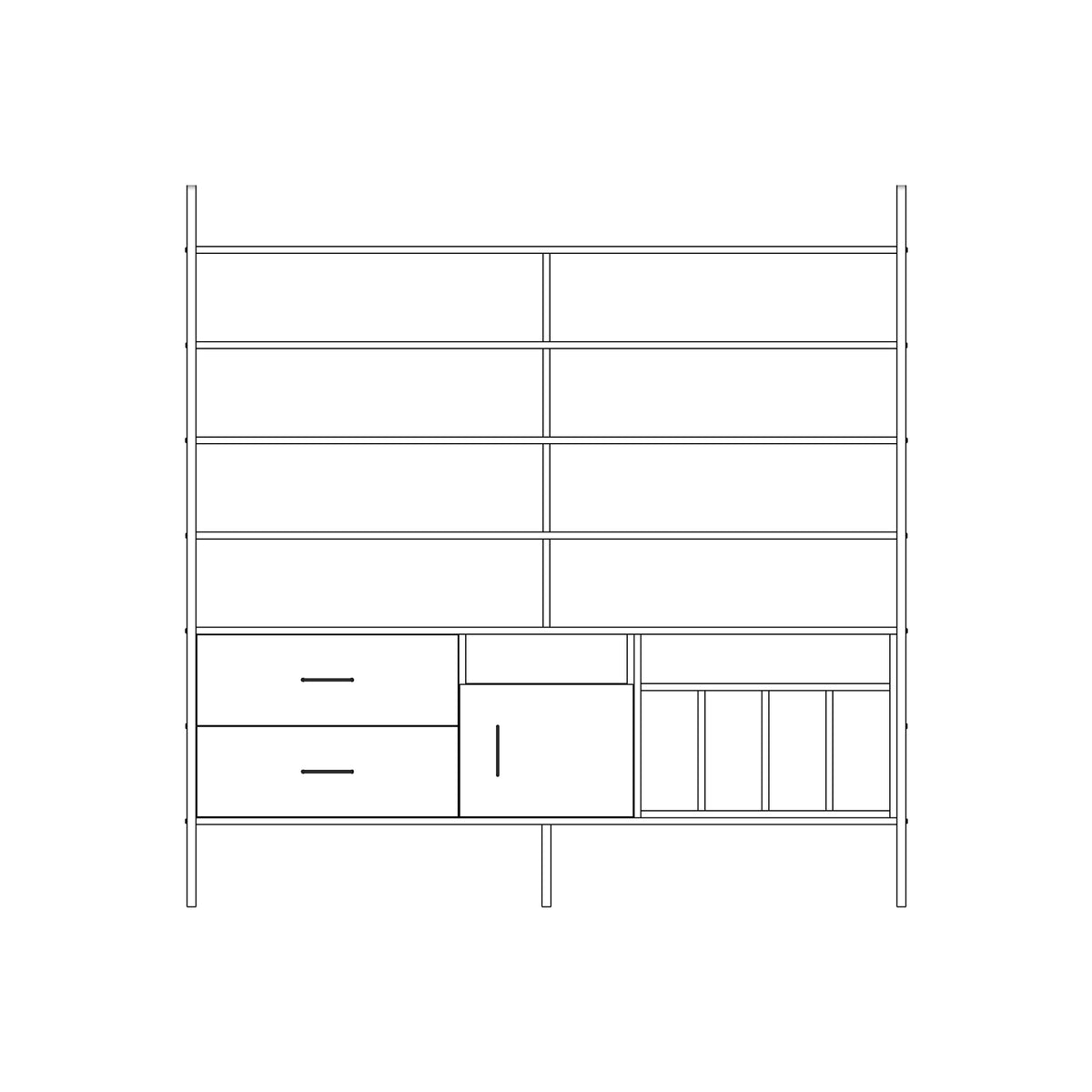 Modular wall unit in birch plywood, 190 x 189 cm, with open shelves and storage modules