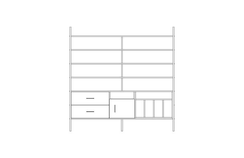 Modular wall unit in birch plywood, 190 x 189 cm, with open shelves and storage modules