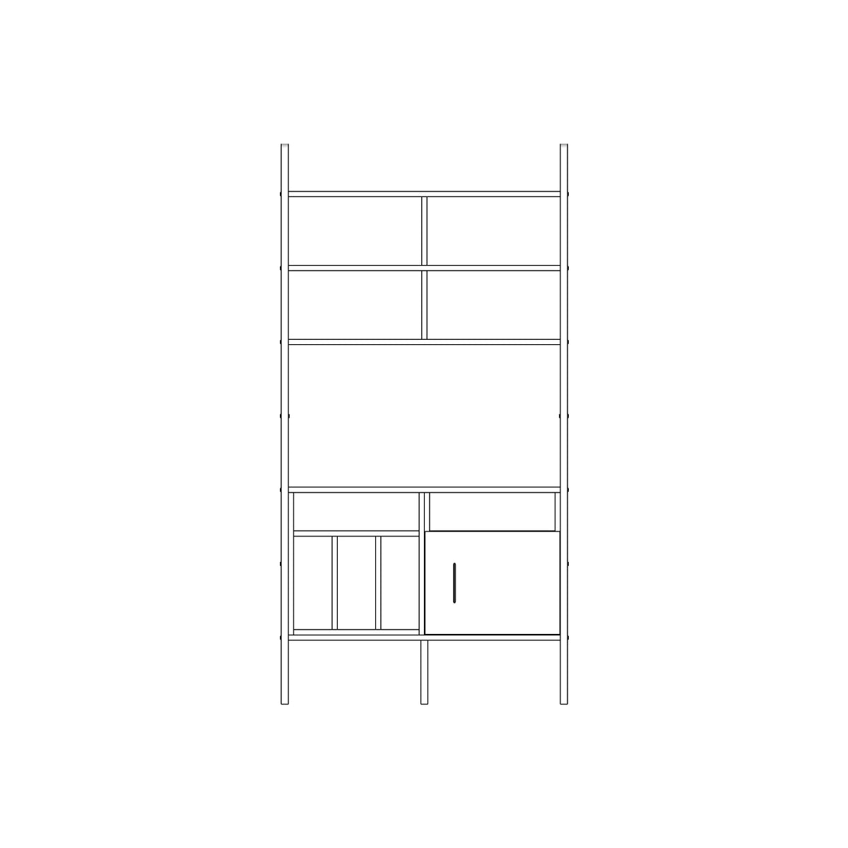 Modular wall unit in birch plywood, 190 x 97 cm, with open shelves and storage modules