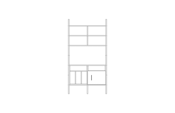 Modular wall unit in birch plywood, 190 x 97 cm, with open shelves and storage modules