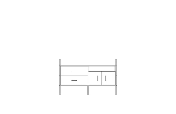 Modular wall unit in birch plywood, 90 x 143 cm, with open shelves and storage modules