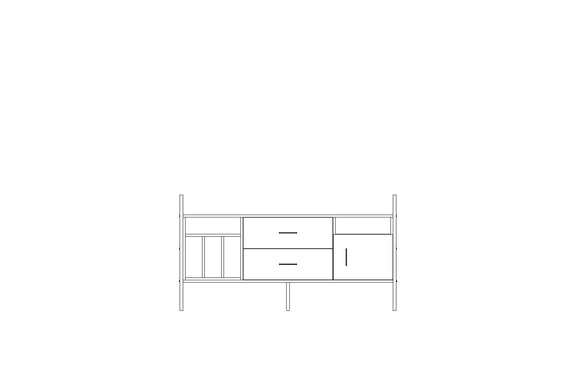 Modular wall unit in birch plywood, 90 x 166 cm, with open shelves and storage modules