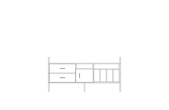 Modular wall unit in birch plywood, 90 x 189 cm, with open shelves and storage modules
