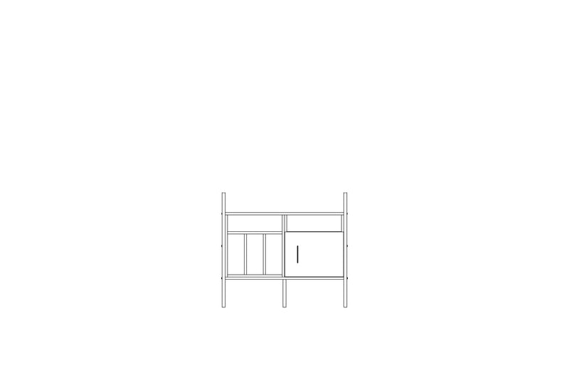 Modular wall unit in birch plywood, 90 x 97 cm, with open shelves and storage modules