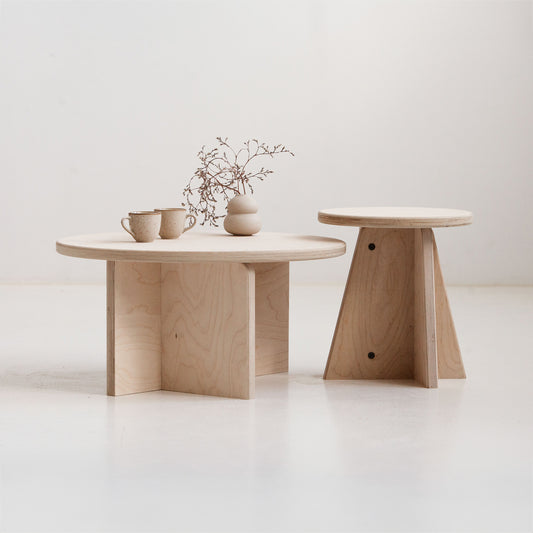 Minimalist nesting tables set in sustainable birch plywood with natural oil-wax finish