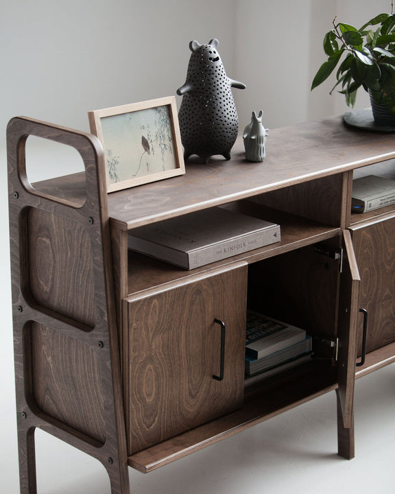 Mid-Century Credenza, Two Open Cabinets, 143 cm, in walnut birch plywood (view 3)