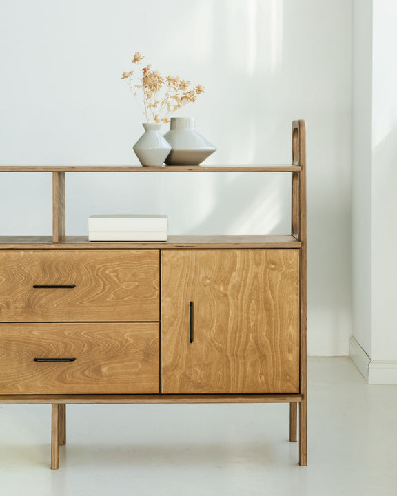 side-of-the-mid-century-modern-wooden-sideboard-oak-stain-with-cabinet-drawers-vinyl-storage