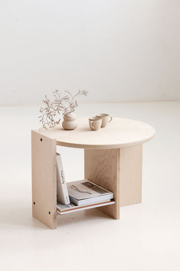 Handcrafted plywood coffee table Europe with functional storage shelf