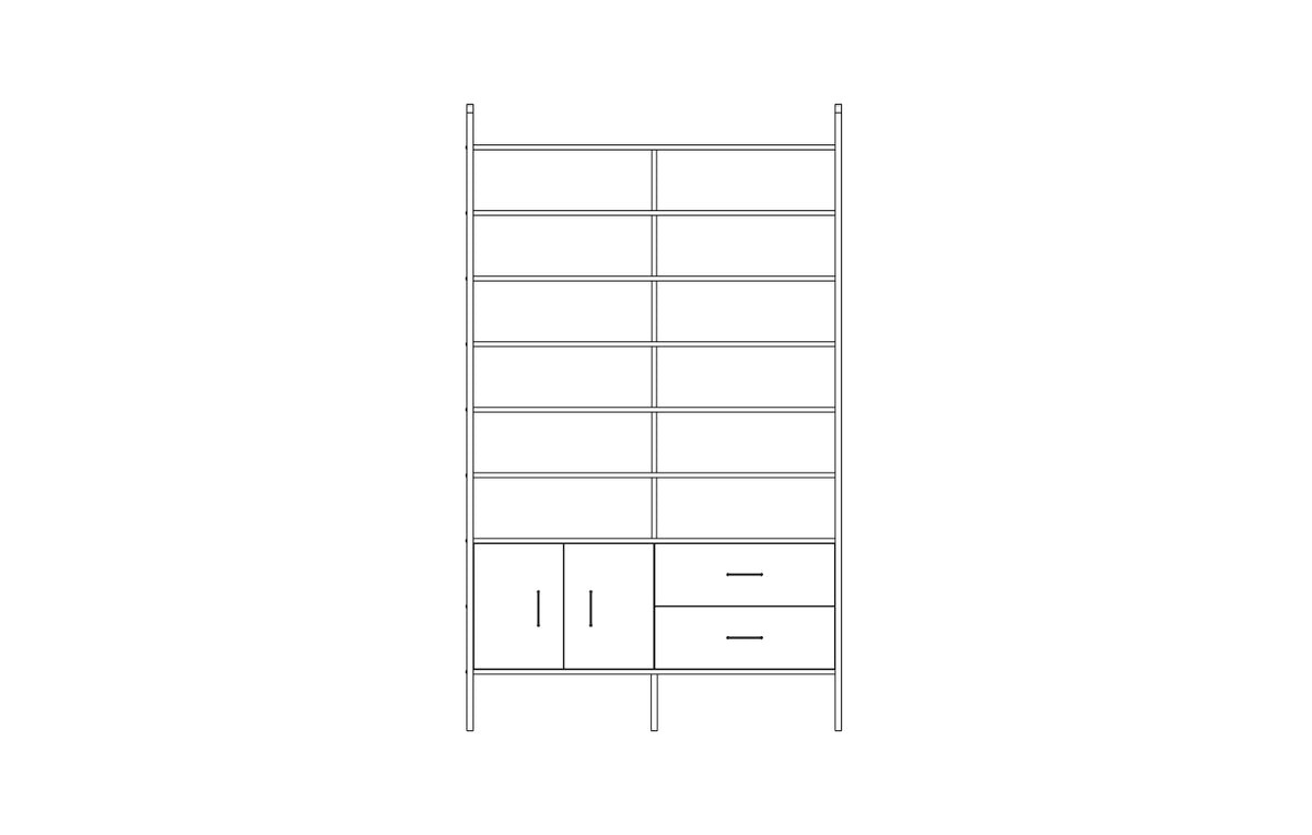 Tower bookcase in birch plywood, 240 x 143 cm, floor to ceiling open shelving