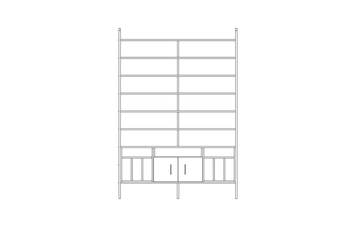 Tower bookcase in birch plywood, 240 x 166 cm, floor to ceiling open shelving