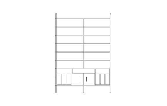 Tower bookcase in birch plywood, 240 x 166 cm, floor to ceiling open shelving