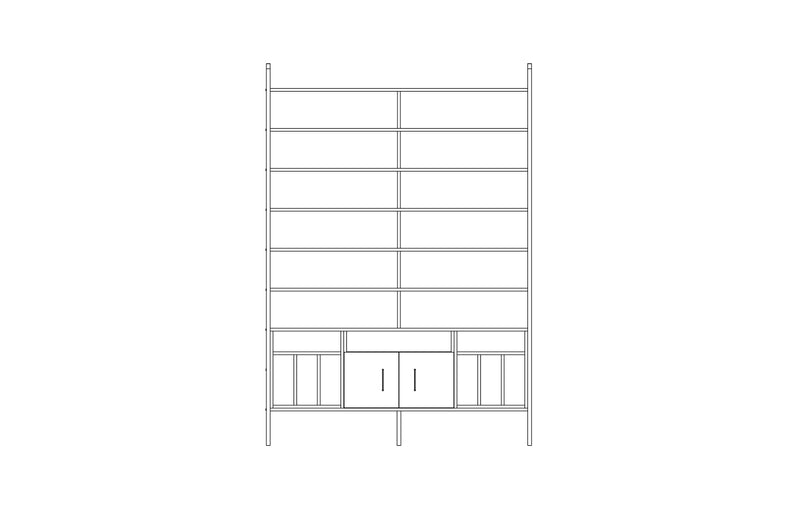 Tower bookcase in birch plywood, 240 x 166 cm, floor to ceiling open shelving