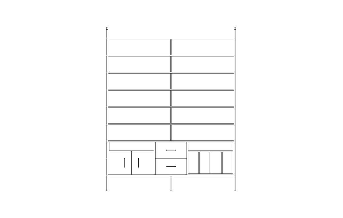 Tower bookcase in birch plywood, 240 x 189 cm, floor to ceiling open shelving