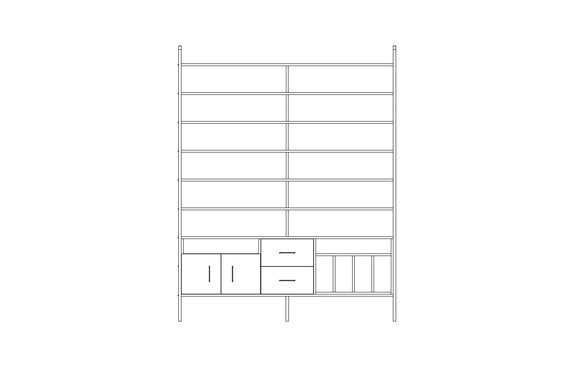 Tower bookcase in birch plywood, 240 x 189 cm, floor to ceiling open shelving