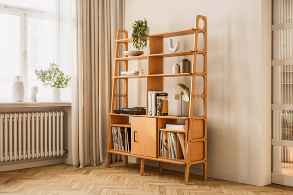 Maxi-Bücherregal: Stilvolle Mid-Century-Schubladen und Vinyl-Aufbewahrung – Plywood Project