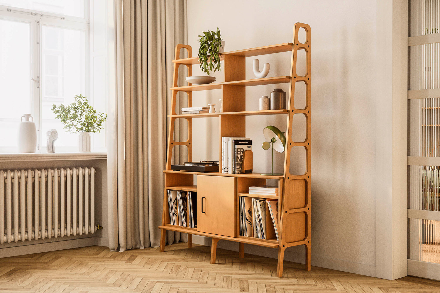 Maxi Bookcase, 143 cm, Vinyl + Cabinet + Vinyl, in birch plywood