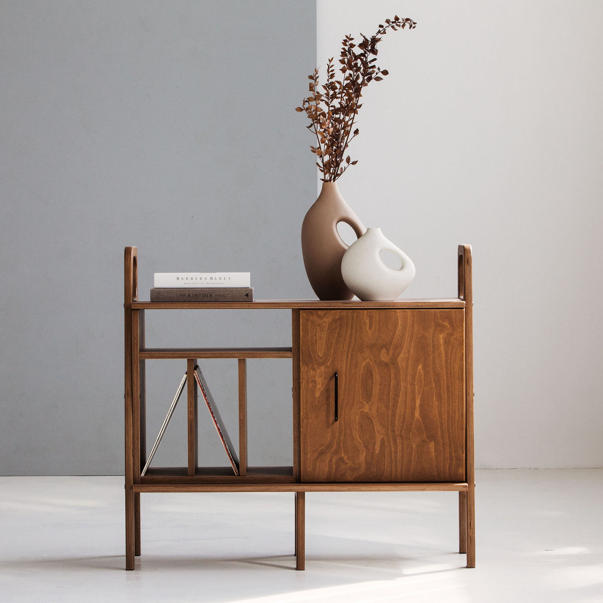 walnut-handmade-narrow-sideboard-with-vinyl-storage-and-cabinet