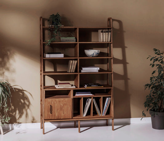 walnut-ladder-bookcase-with-cabinet-and-vinyl-record-storage