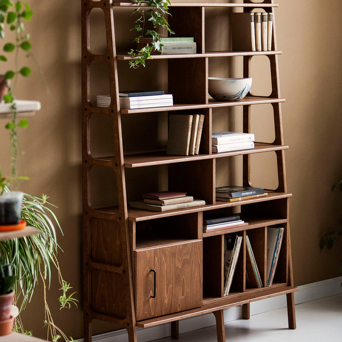 walnut-ladder-bookcase-with-cabinet-and-vinyl-record-storage