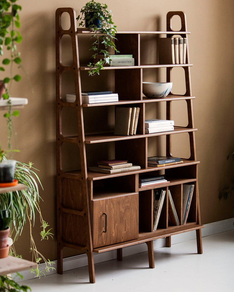 walnut-ladder-bookcase-with-cabinet-and-vinyl-record-storage