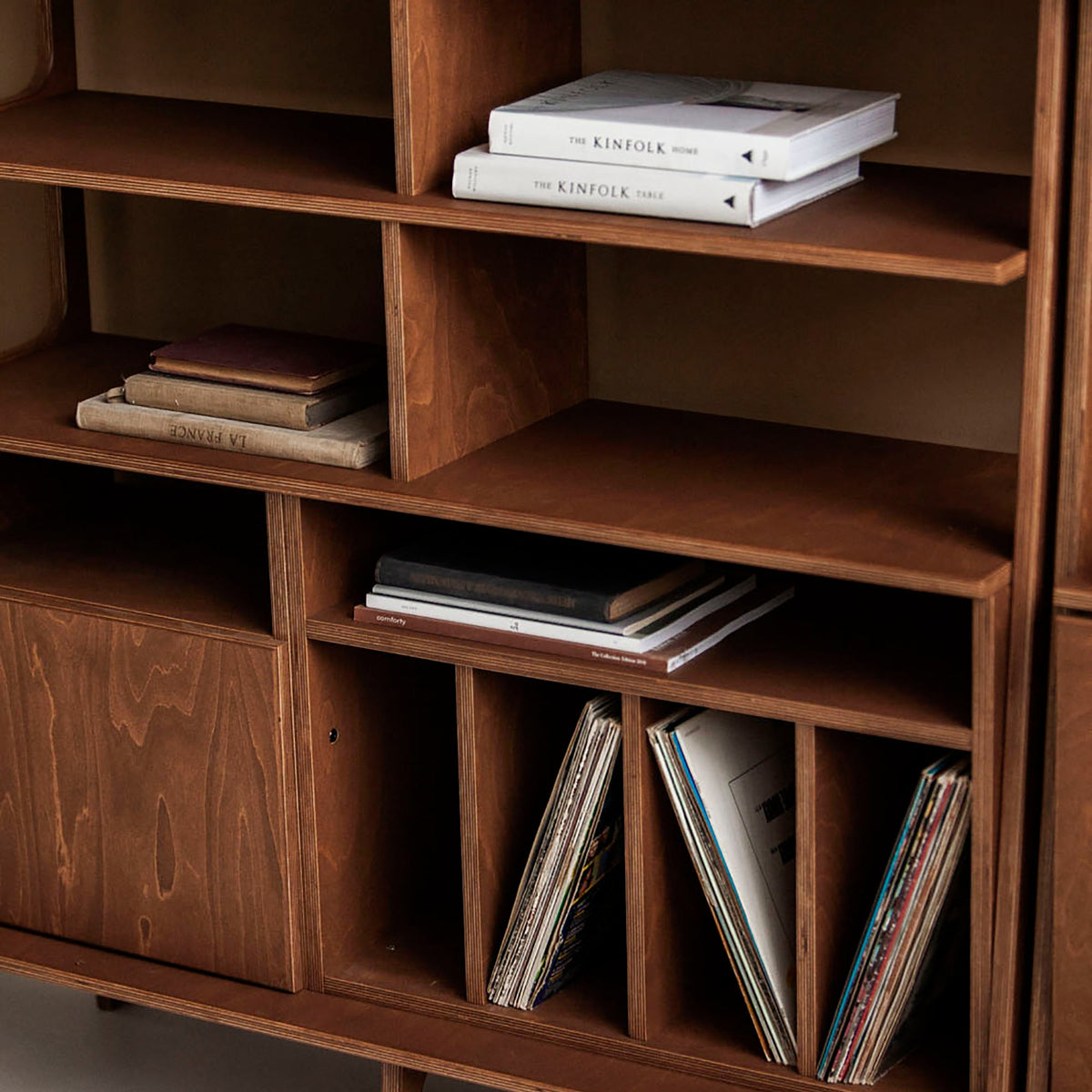 wooden-ladder-bookcase-with-cabinet-and-vinyl-record-storage