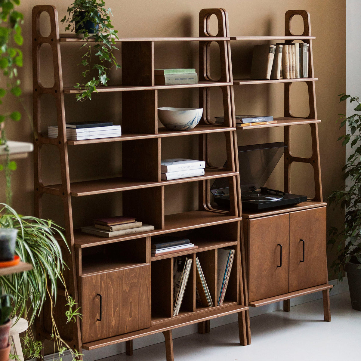 wooden-ladder-bookcase-with-cabinet-and-vinyl-record-storage
