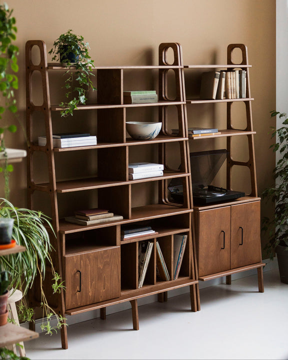 wooden-ladder-bookcase-with-cabinet-and-vinyl-record-storage