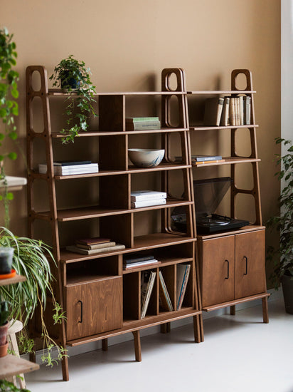wooden-ladder-bookcase-with-cabinet-and-vinyl-record-storage