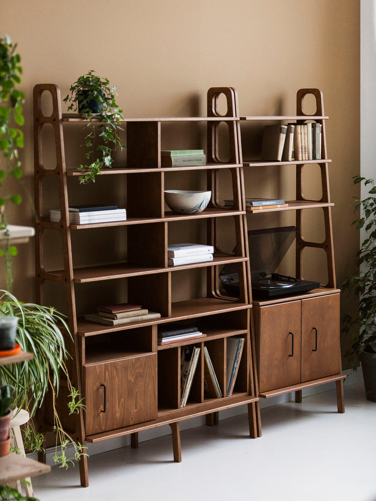 wooden-ladder-bookcase-with-cabinet-and-vinyl-record-storage