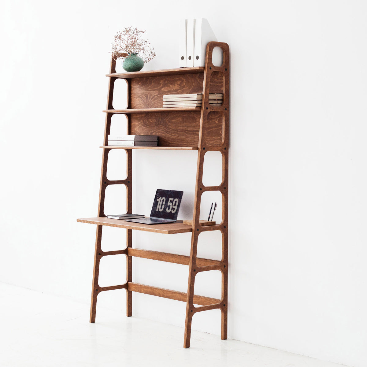 Mid-Century Desk with Shelves, Maxi, 190 cm, in birch plywood